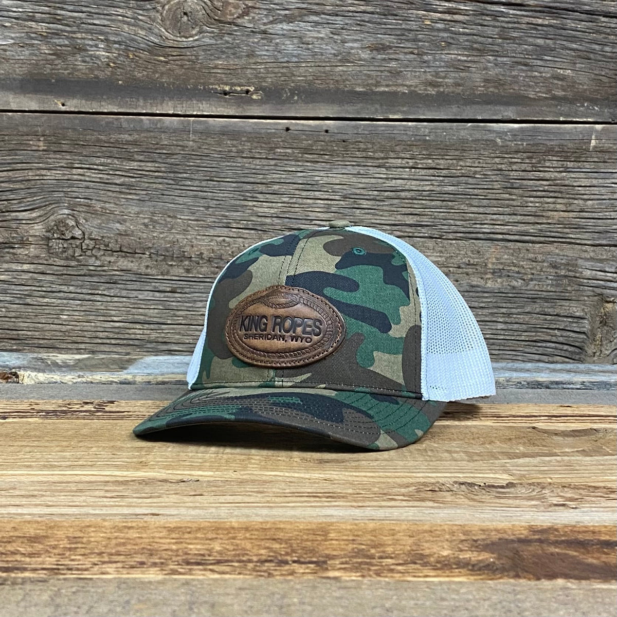 King Ropes Embossed Leather Patch Trucker Hat Camo/White